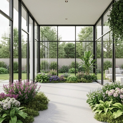 Modern garden room with large windows and lush outdoor greenery