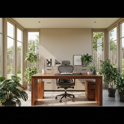 Interior of a modern garden room used as a home office with a desk and lush plants